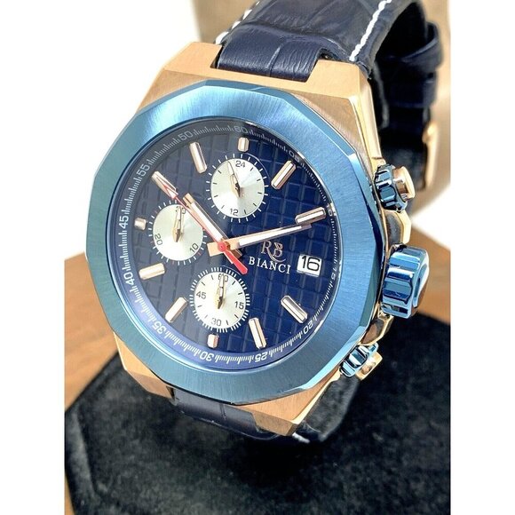 Roberto Bianci Men's Watch RB0135 Quartz Chronograph Blue Dial Rose Gold 44mm - Picture 1 of 15